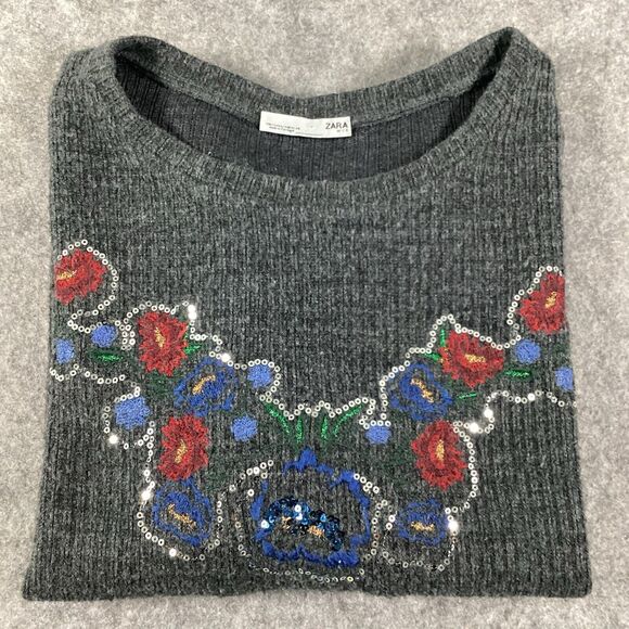 Zara Sequin Embroidered Floral Gray Sweater Size Small Ribbed Knit Lagenlook - Picture 12 of 13